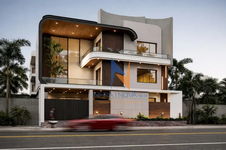Day view of an ultra-modern two-story house featuring smooth curved concrete elements and large geometric windows next to a roadside pavement.