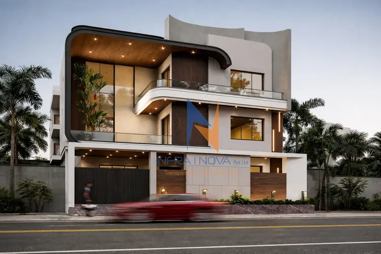 Day view of an ultra-modern two-story house featuring smooth curved concrete elements and large geometric windows next to a roadside pavement.