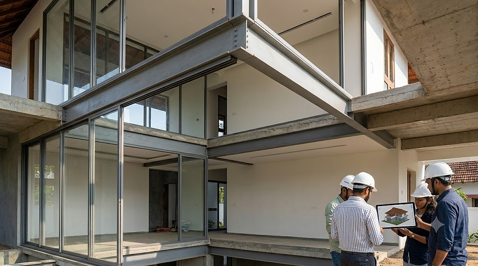 Technical structural engineering site photograph in Trivandrum showcasing the exposed structural steel framework and advanced BIM modeling required to execute the wide, column-free open-plan contemporary living areas and massive glass configurations for a fusion home.