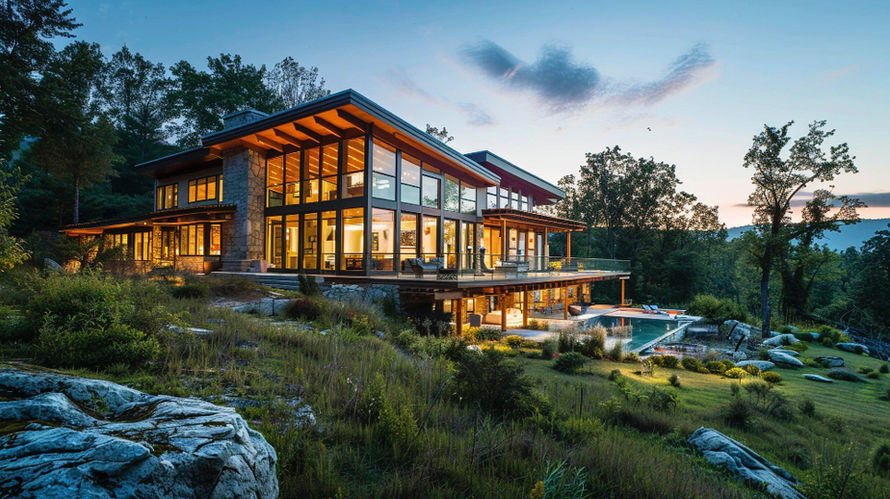 Interni e architettura contemporanea di chalet e residenze di pregio nelle Dolomiti, con ampie vetrate, materiali naturali e design immerso nel paesaggio alpino.