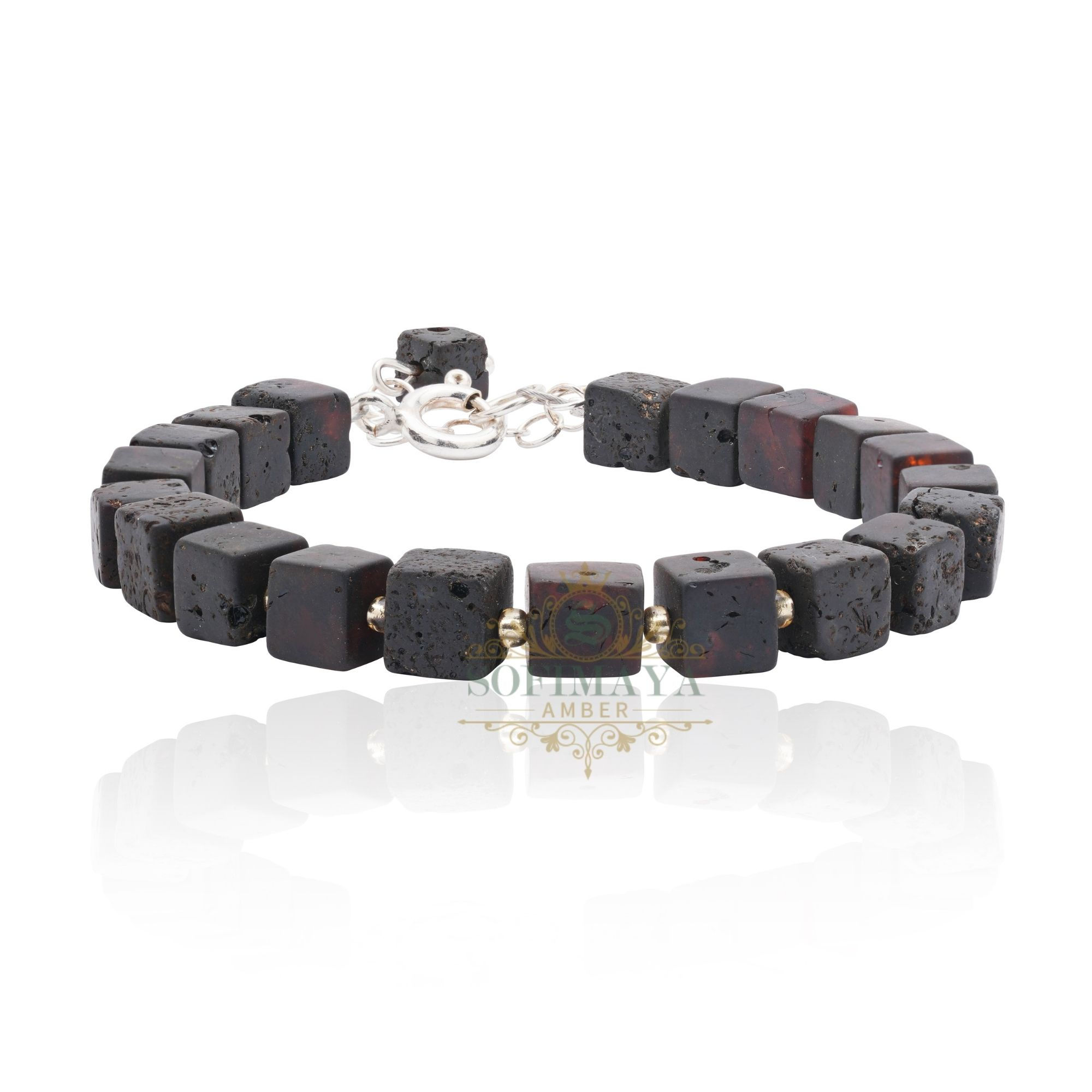 Cube Cut Matte Black Sterling Silver Amber Bracelet