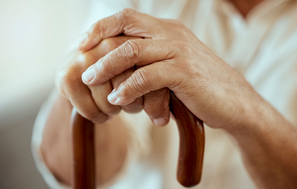 Senior man hands, walking stick and disability, retirement and osteoporosis, arthritis and injury. Wooden cane of elderly, disabled and old patient getting support and healthcare in home