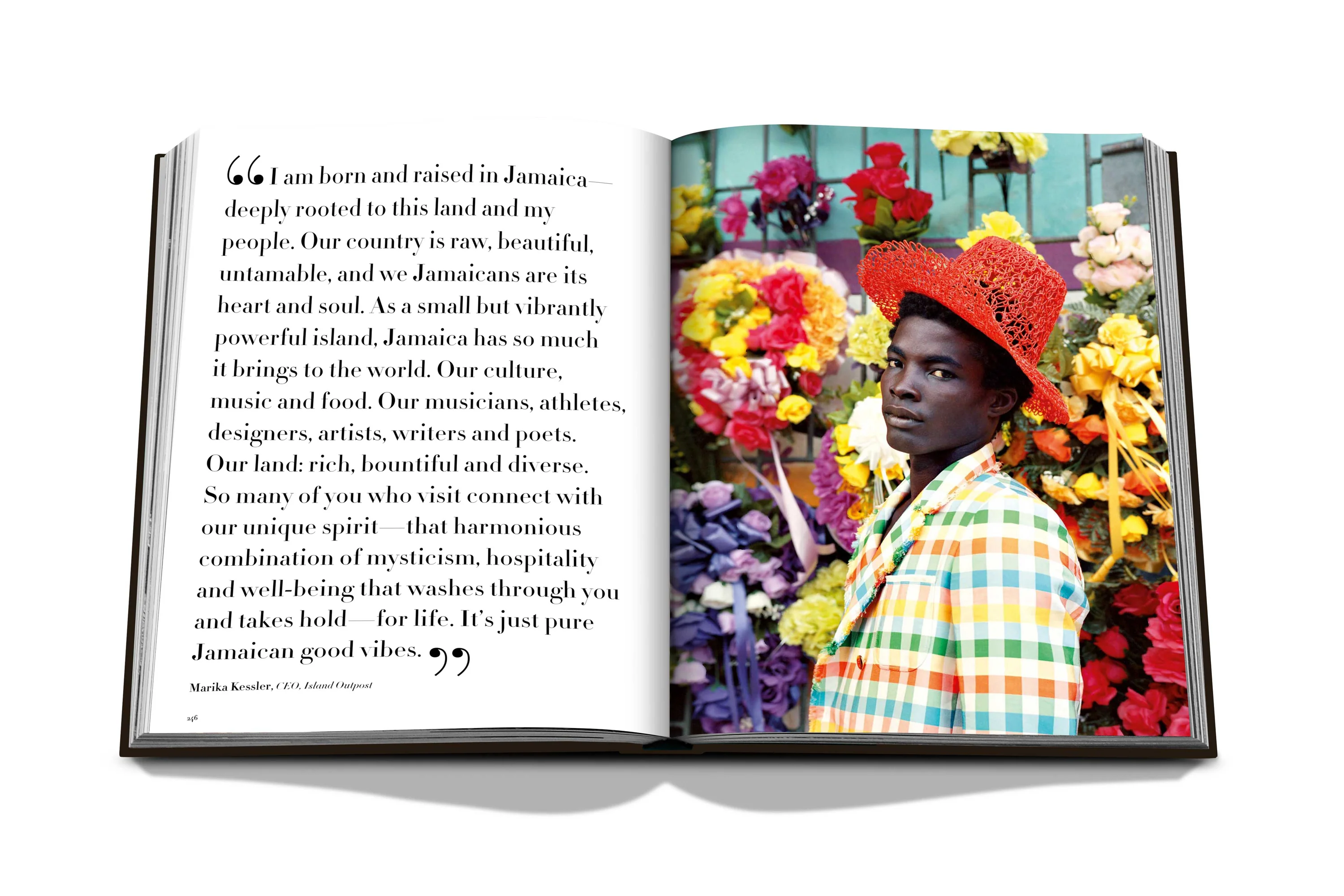 Spread from the Jamaica Vibes coffee table book showing an image of a male model wearing a colourful outfit with flowers in the background a quote filling the adjacent page