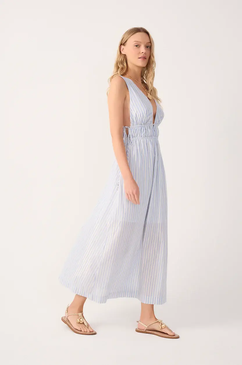 Thumbnail: Blue Stripes Lurex V Neck Cotton Midi Dress