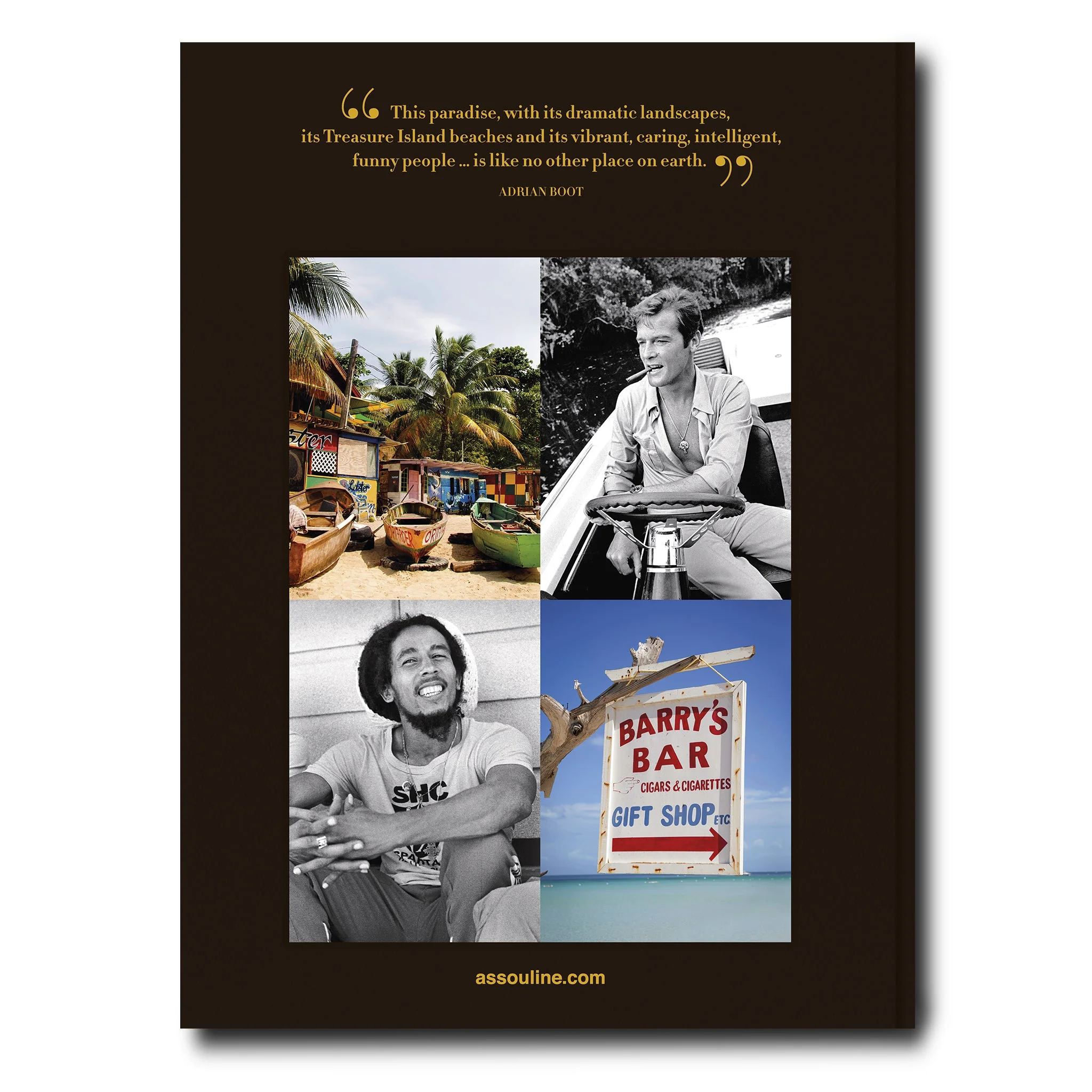 Book cover showing images of associated with Jamaica and Jamaican culture and a quote extolling the island nation