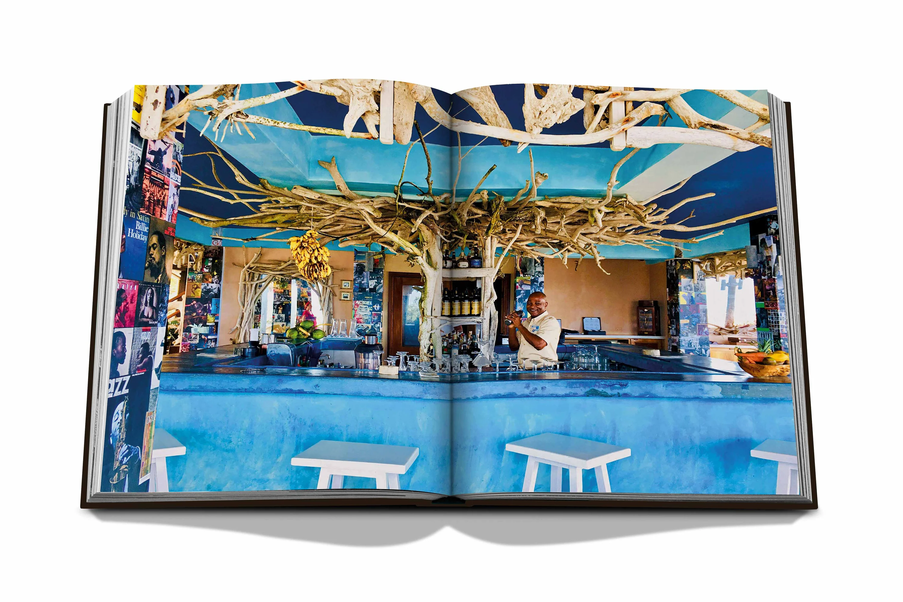 A spread from the Jamaica Vibes book showing a bar by the beach in Jamaica