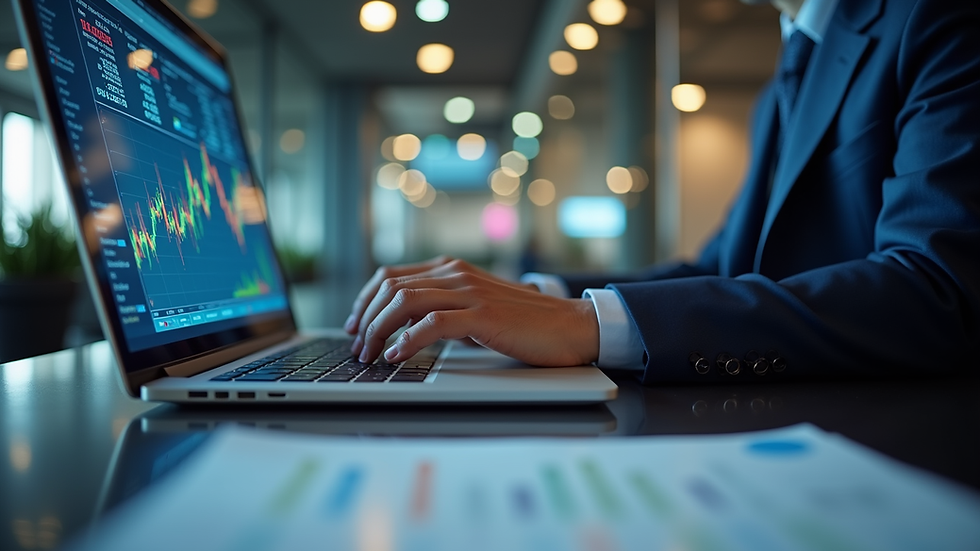 Eye-level view of a businessperson analysing trade data on a laptop