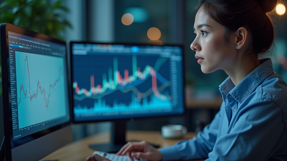 Close-up view of a trade analyst reviewing export-import charts on a computer screen