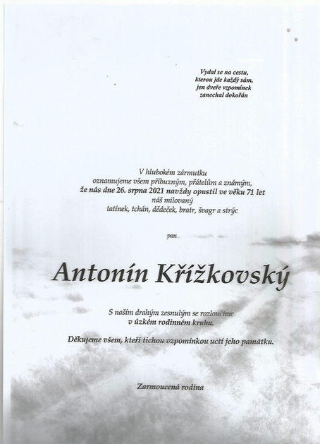 Navždy nás opustil dlouholetý člen, hráč a trenér Antonín Křížkovský