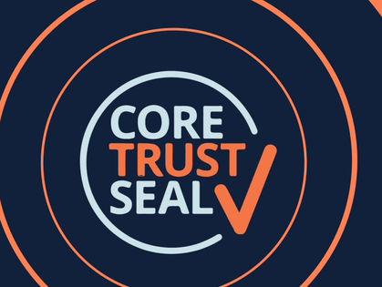 The image displays the logo for the CoreTrustSeal, an international, community-based, non-profit organization. It promotes sustainable and trustworthy data infrastructures by certifying data repositories that meet high standards of reliability, transparency, and data integrity.