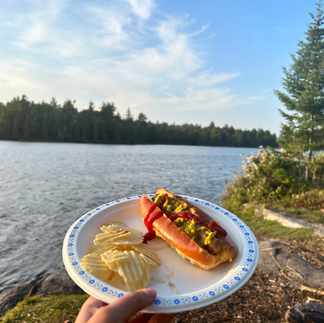 Hot dog au bord du lac avec saucisses grillées au feu de bois