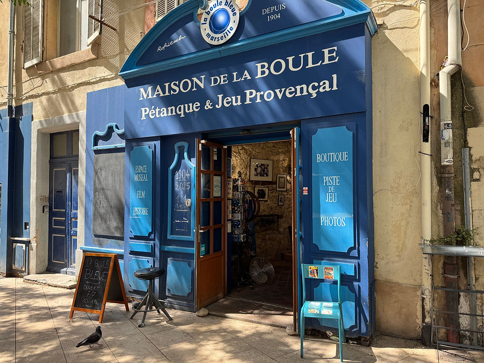 Façade bleue de la Maison de la Boule à Marseille, panneau à l'entrée. Pigeon au sol, ambiance ensoleillée et paisible.
