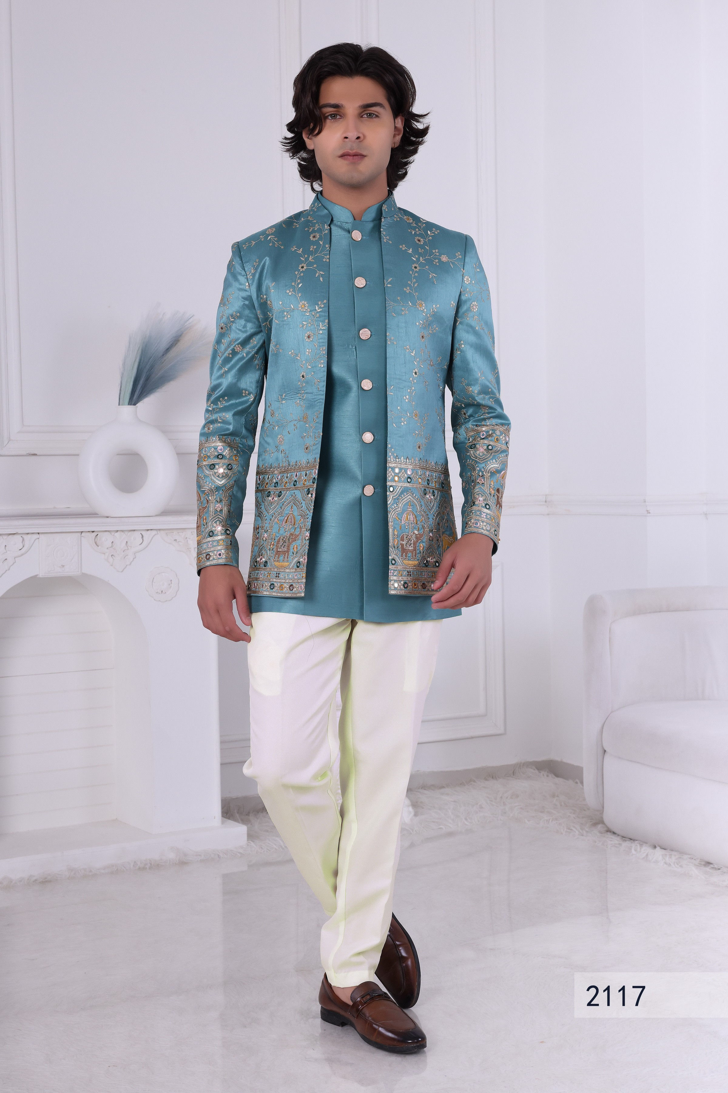 Laroyal Sherwani Teal Blue Embroidered Jodhpuri Set for Men - Wedding Sherwani