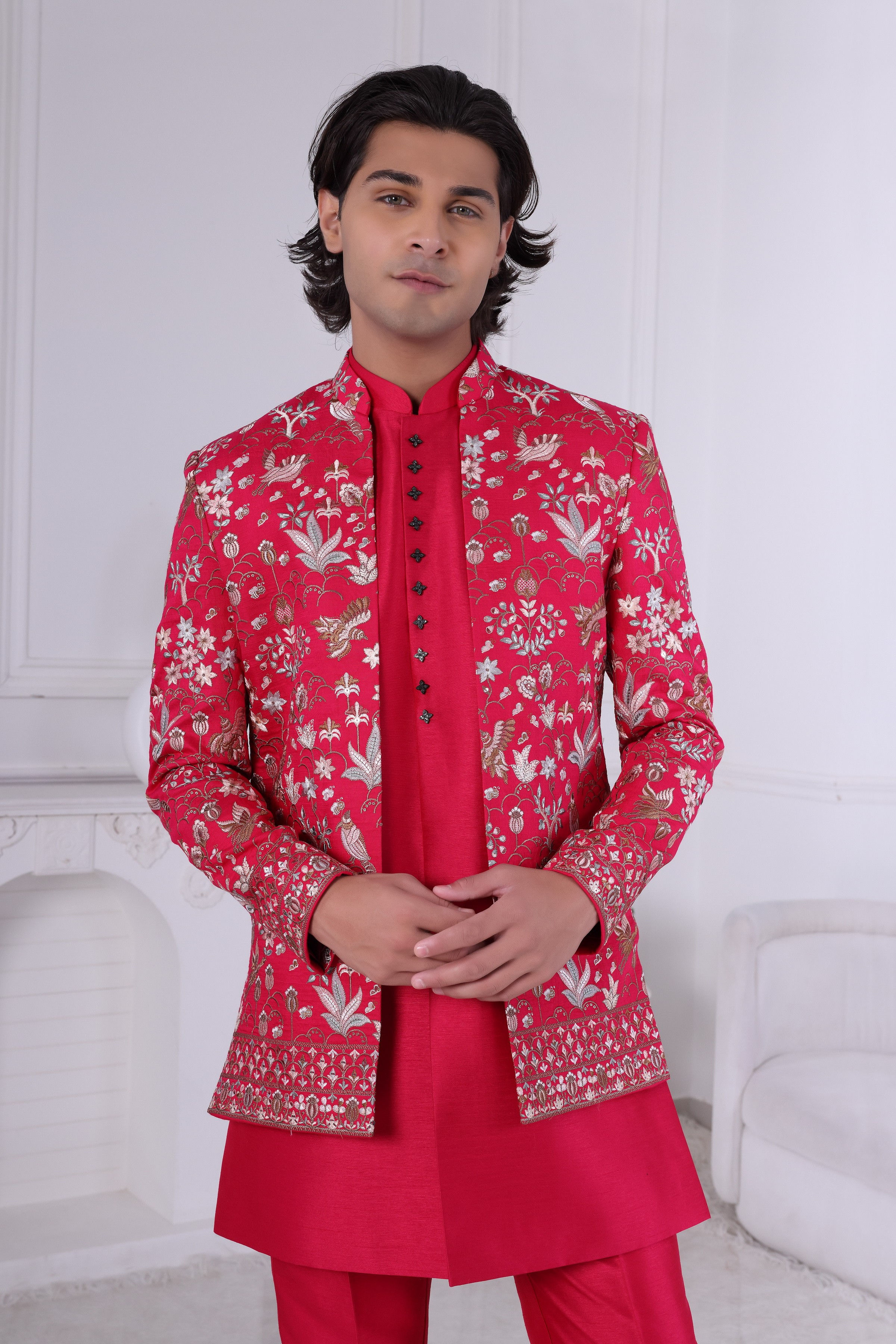 Red Embroidered Sherwani: Groom Wedding Outfit, Customizable Ethnic Attire