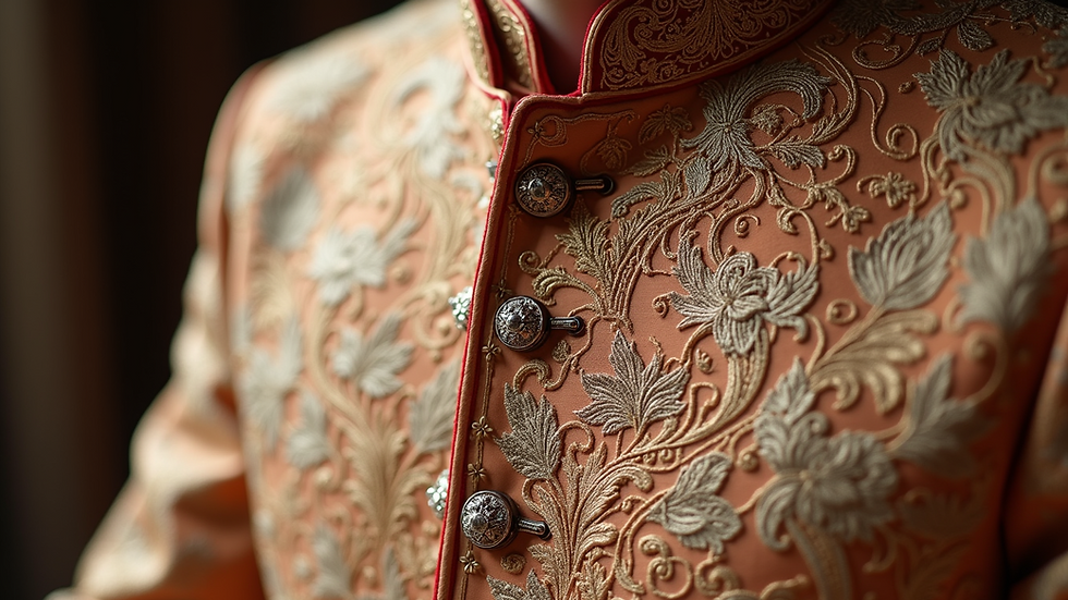 Eye-level view of a beautifully embroidered traditional sherwani