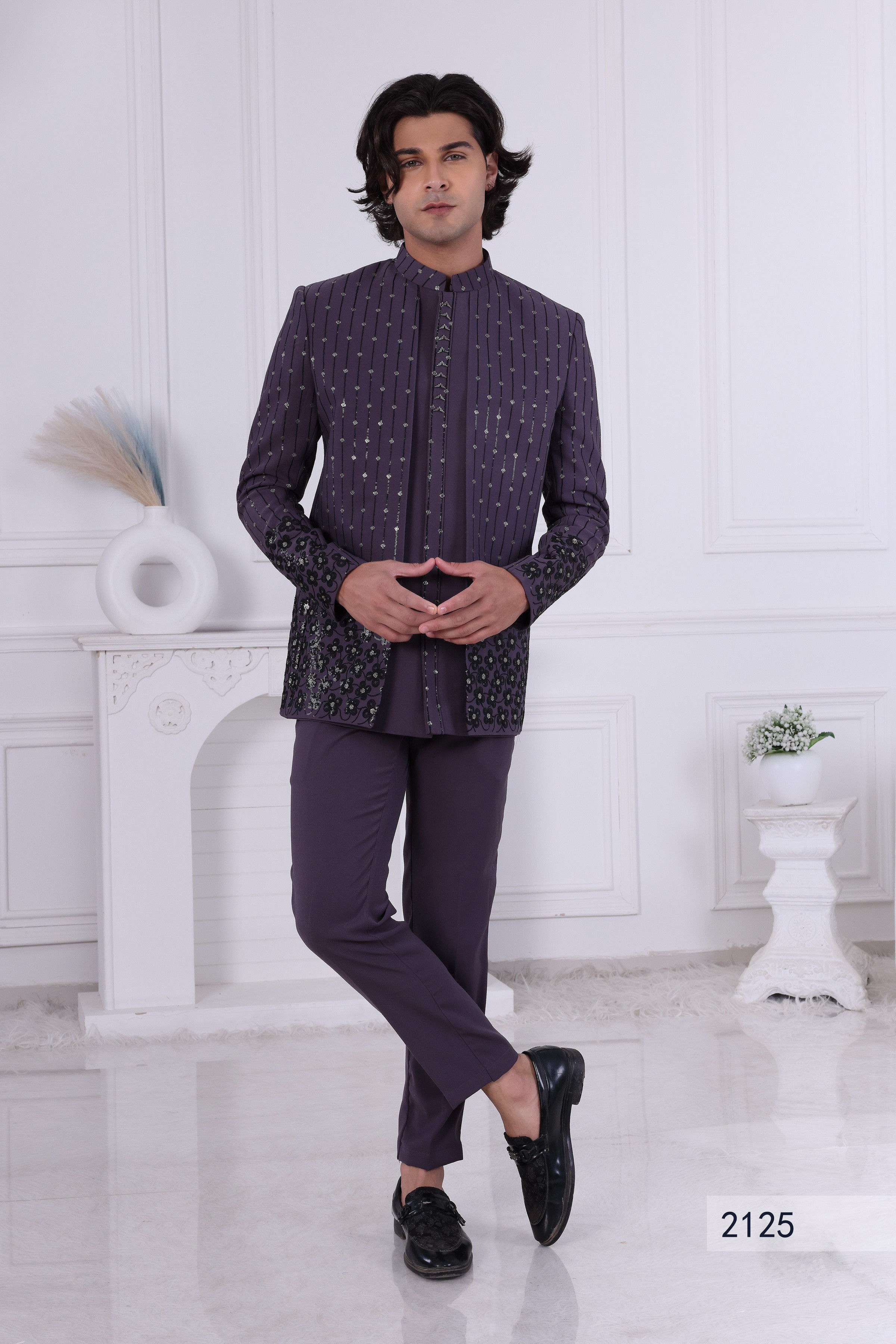 Men's Aubergine Purple Sherwani with Black Sequin Work | Layered Indo-Western with Kurta | Designer Cocktail Party Wear
