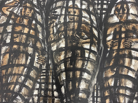 Filling the picture frame three nude figures are confined in iron cages. Each look directly at the viewer and grasp the bars. Horizontal format, sepia and black on white.