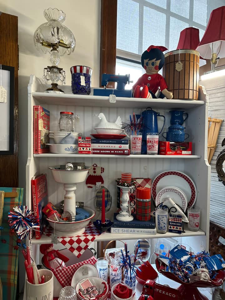 Shelf staged with red white and blue