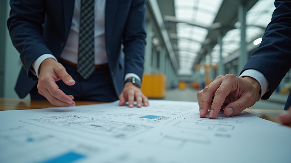 Close-up view of consultant and industrial manager reviewing factory plans