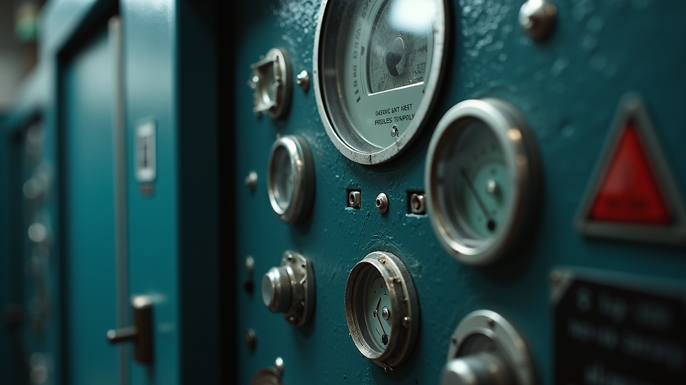 Close-up view of industrial control panel with gauges and switches