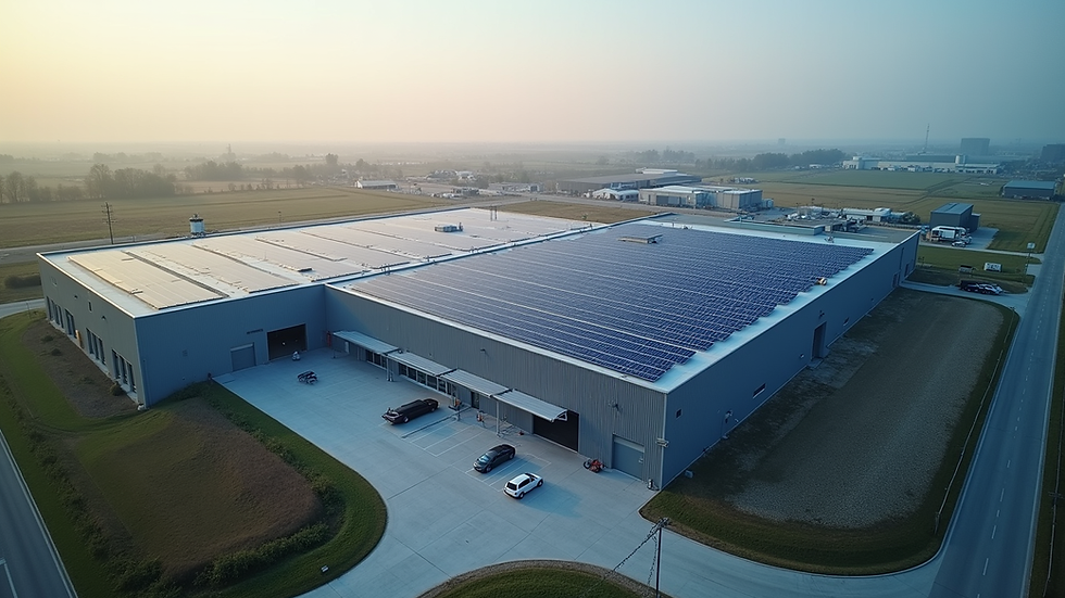 High angle view of a modern manufacturing facility with solar panels