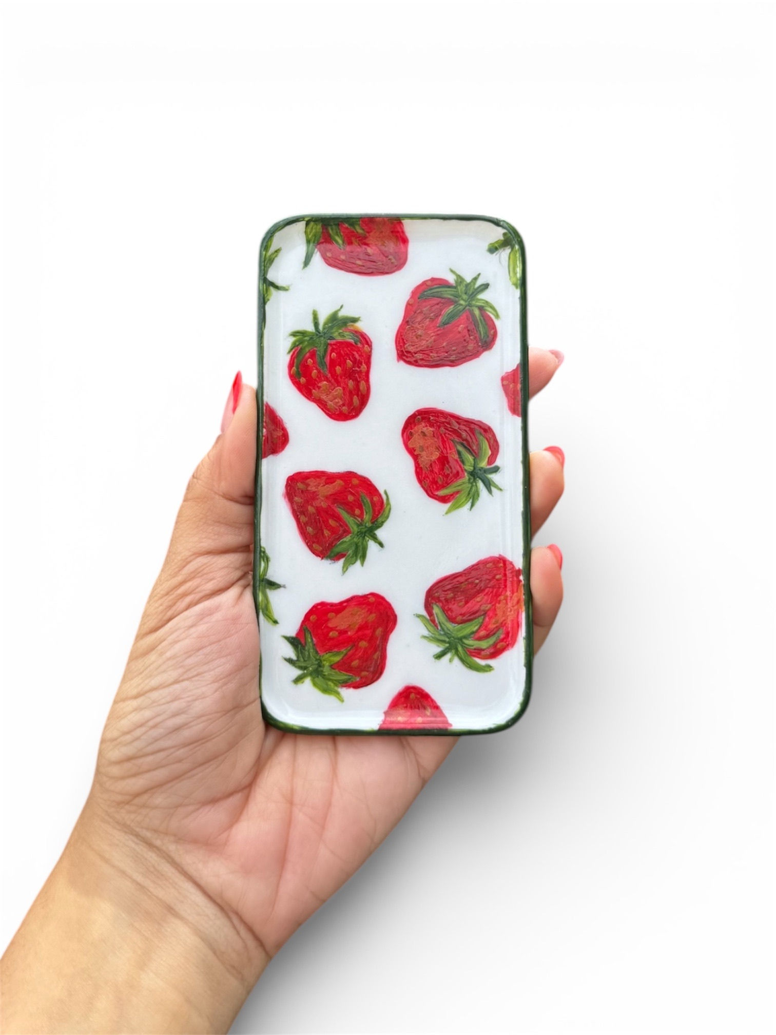 Bandeja retangular de porcelana, pintada à mão | Morangos
