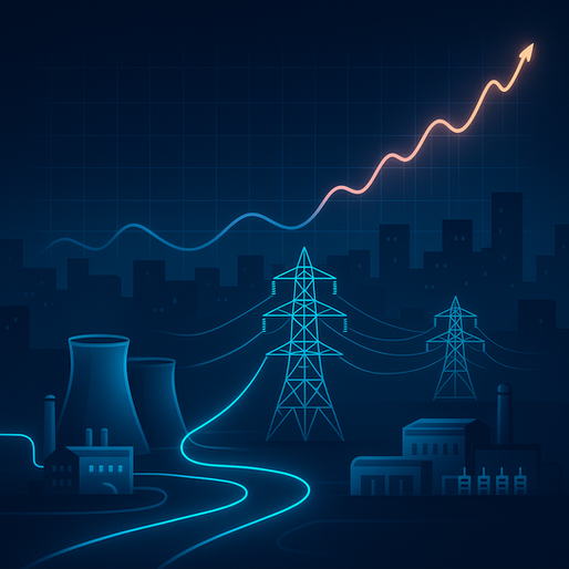 Illustration einer Stromlandschaft bei Nacht mit Kraftwerken, Hochspannungsleitungen und Industriegebäuden im Vordergrund. 
