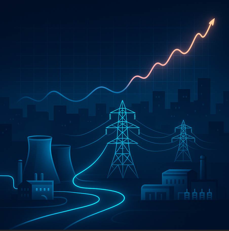 Illustration einer Stromlandschaft bei Nacht mit Kraftwerken, Hochspannungsleitungen und Industriegebäuden im Vordergrund.