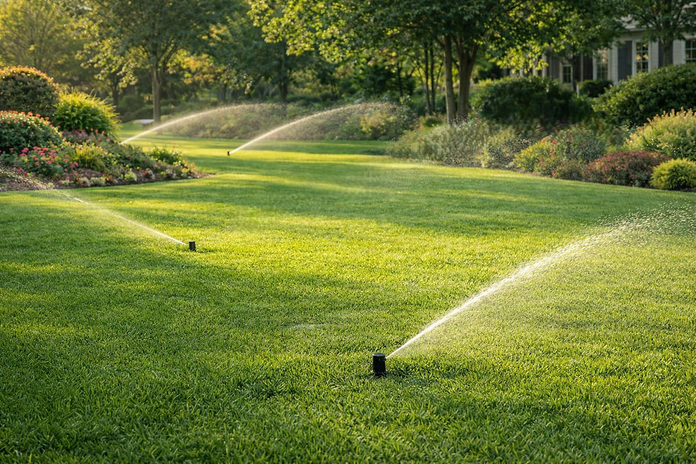 Lawn sprinkler system running on a green yard by Bowman Building Inc. in Twin Falls, Idaho.