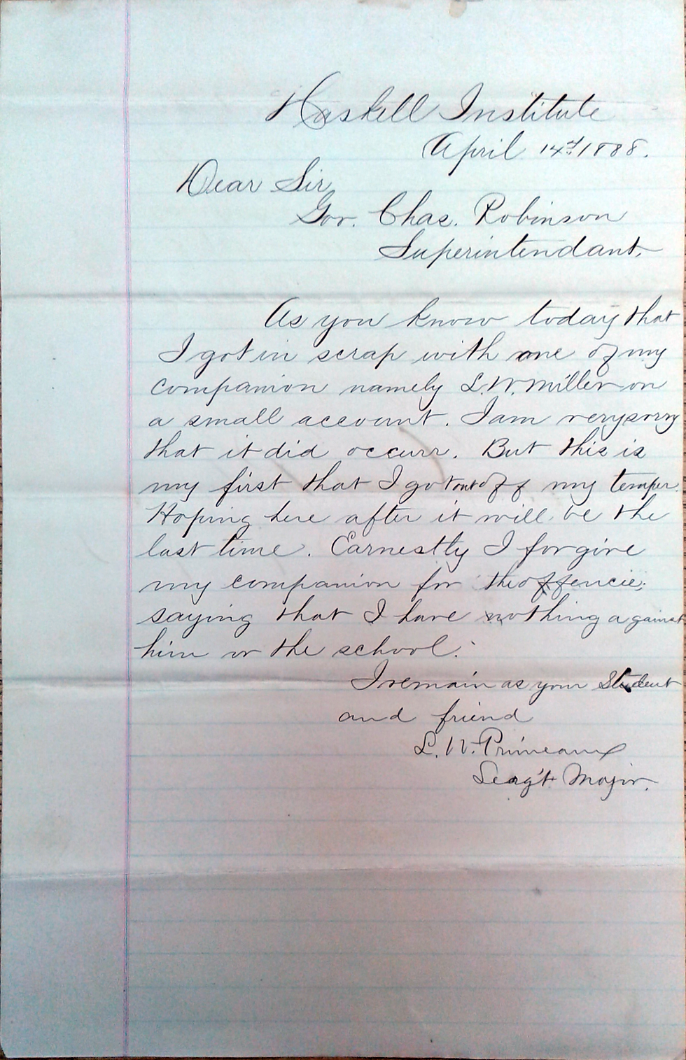 L.W. Primeaux, April 14, 1888