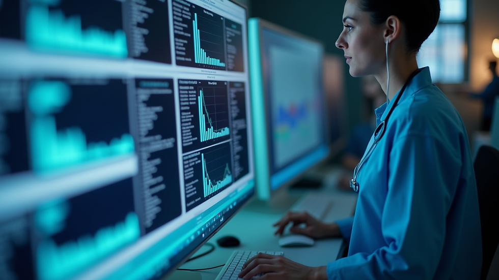 A blog post image featuring a person in a medical uniform with earphones, standing in front of a computer displaying charts, alongside text explaining how healthcare revenue solutions improve financial health through faster payments, reduced errors, better cash flow, improved patient experience, and compliance assurance.