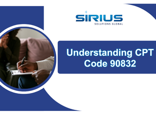 A blog image titled 'Understanding CPT Code 90832: A Comprehensive Guide for Mental Health Providers' from SIRIUS SOLUTIONS GLOBAL. Below the title is a 'Free Demo' badge, followed by a preview sentence that reads: 'Mental health care has never been more important, with millions seeking support for anxiety, depression, trauma, and everyday stresses. For therapists,…