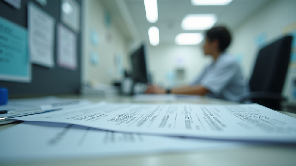 A blog post image showing a blurred figure working at a desk with papers and a computer, accompanied by text discussing the importance of healthcare income solutions in managing financial stability, reducing errors, and improving cash flow, with the caption "Revenue Cycle Management.