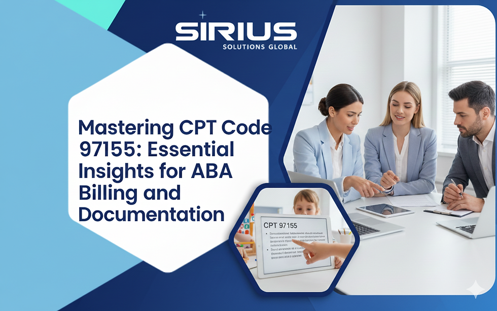 Sirius Solutions Global blog image: Two ABA professionals collaboratively reviewing billing documentation for CPT Code 97155, with a focus on essential insights for billing and documentation for Applied Behavior Analysis services.