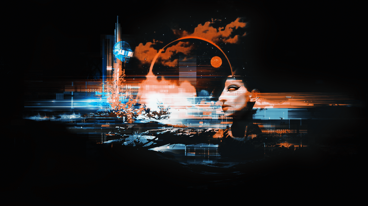 A concept art graphic, horizontal strokes of blue and orange overlaid on a black canvas , elements above the horizon in orange and below the horizon in blue, a human face on the right and a tower on the left, the horizontal strokes are merging in the middle and blend into the black as they move away from the center.