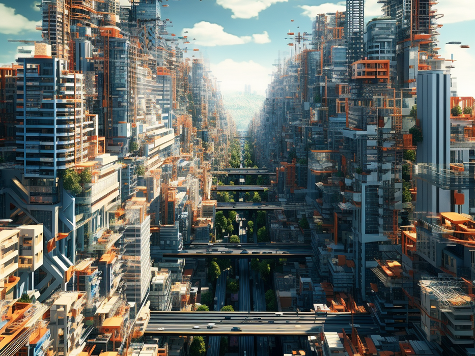A bird's eye view shot of a city with pixelated buildings, futuristic architectural design, buildings with orange, grey and white color, roads intersecting buildings at various points, futuristic city.
Fantasy Architecture Metaverse Game Environment Art Space Design
