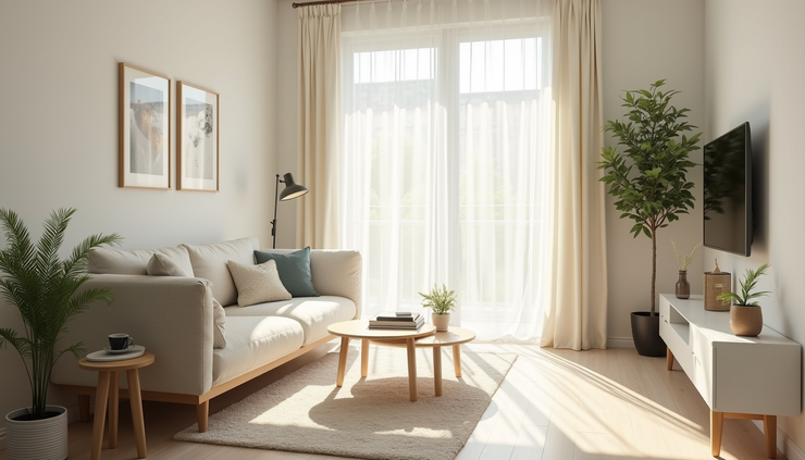 Eye-level view of a freshly cleaned modern living room with sunlight streaming through windows