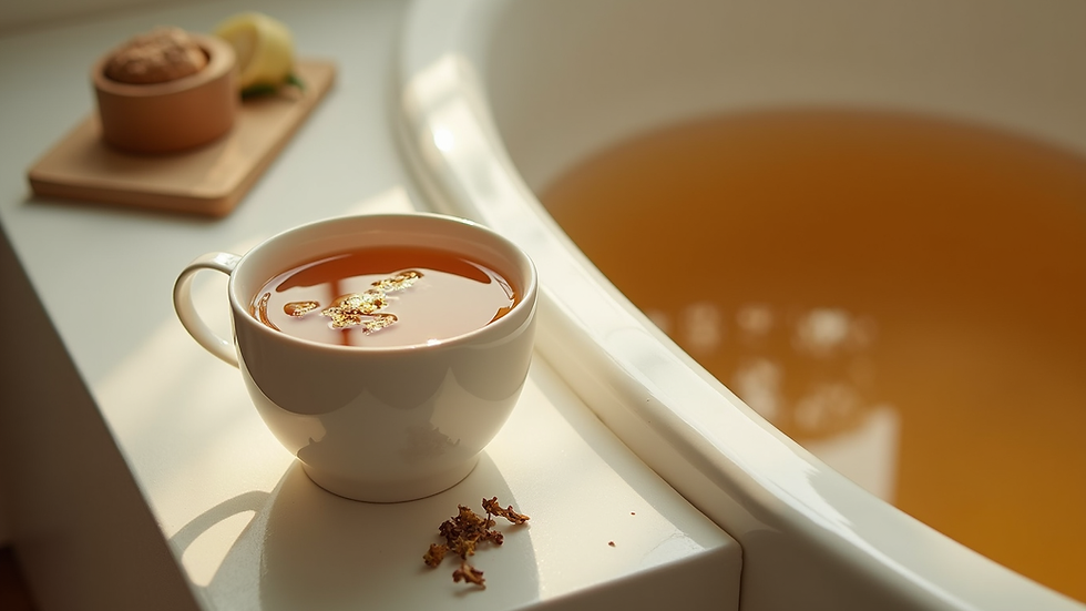 High angle view of a cup of herbal tea next to a bathtub filled with tea-infused water