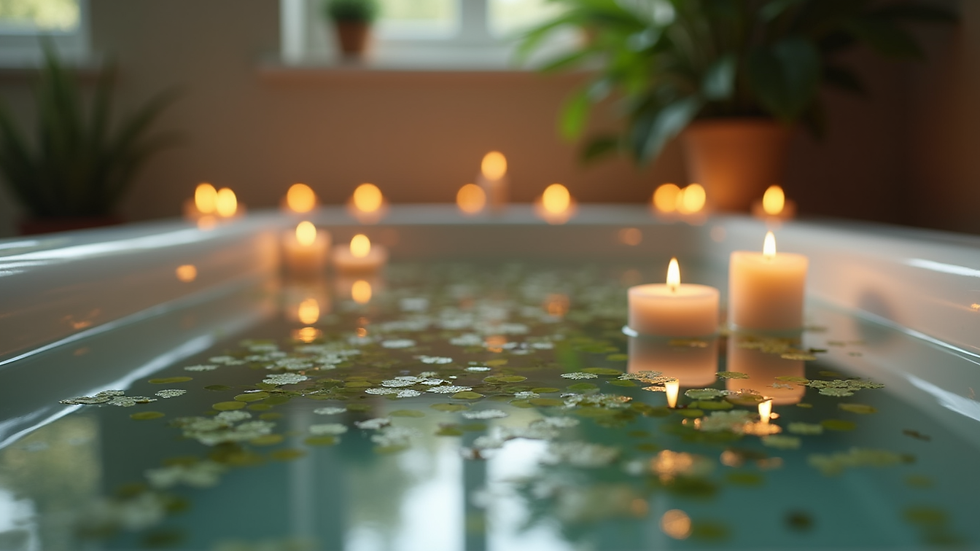 Eye-level view of a serene bathtub surrounded by candles and tea leaves