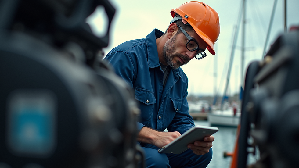 Eye-level view of a mobile diagnostic technician inspecting a boat engine at a marina