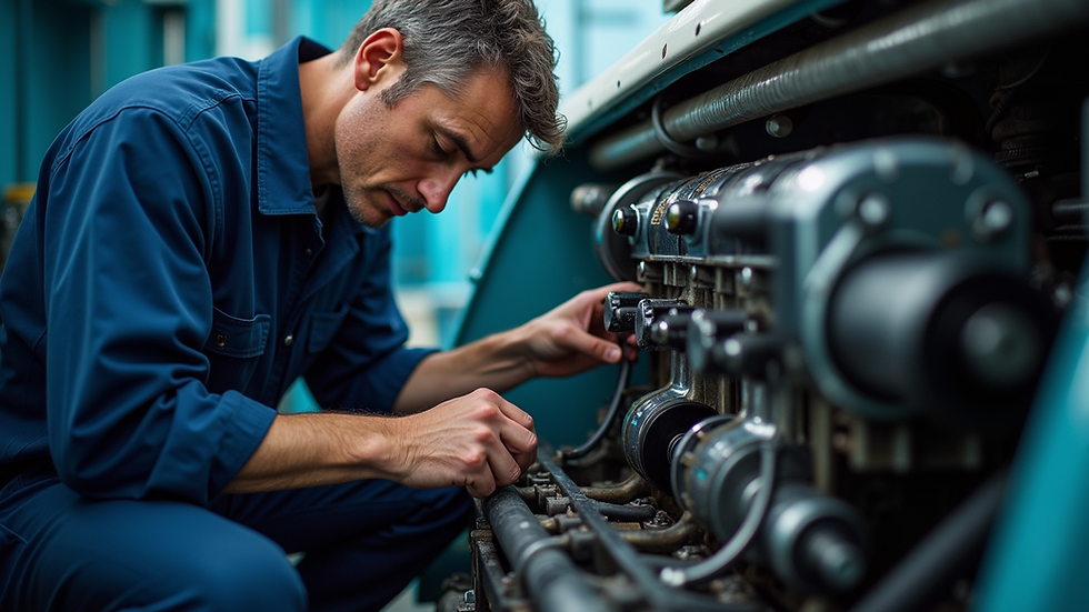 Eye-level view of a marine mechanic inspecting a boat engine