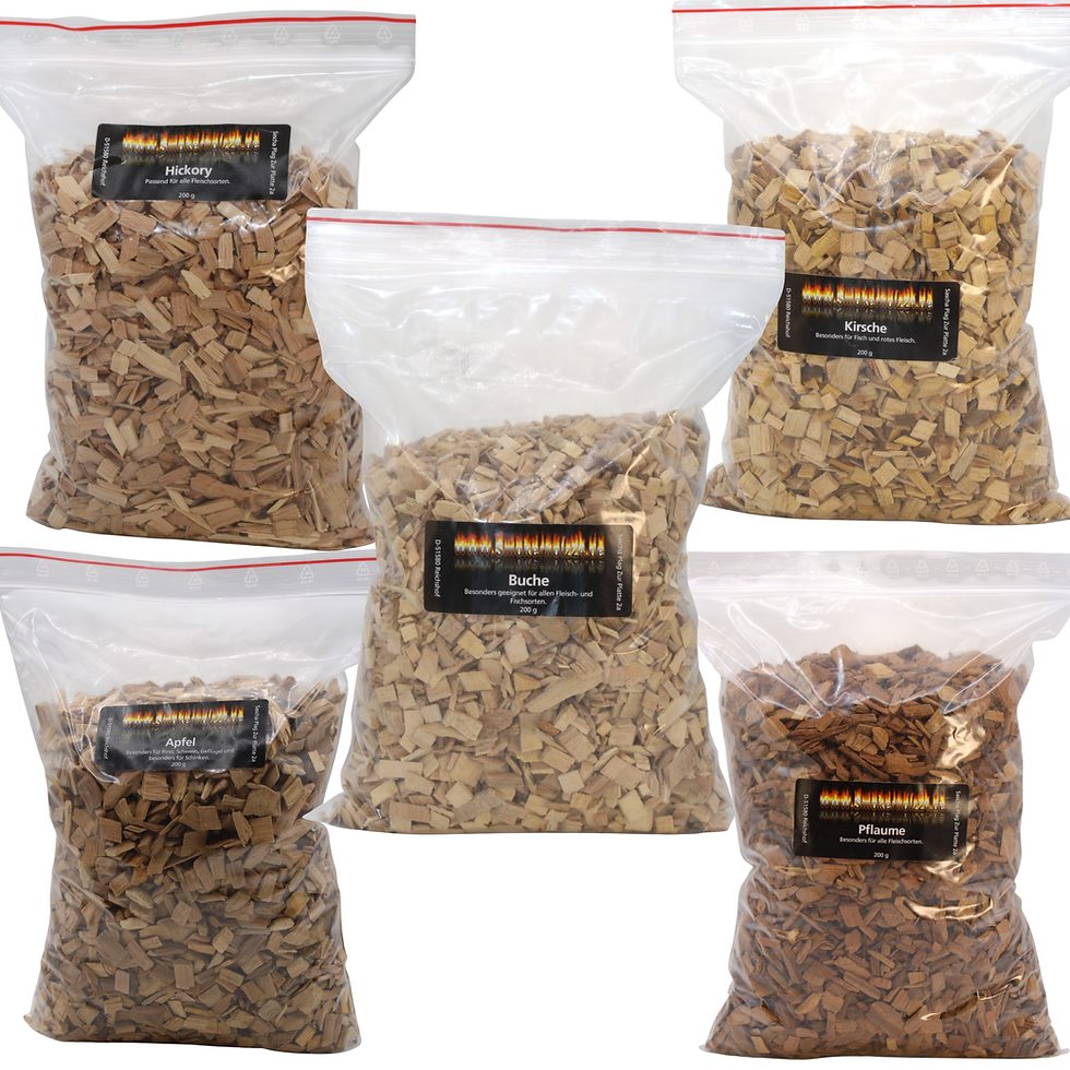 Räucherchips Starterset mit Buche, Apfel, Hickory, Kirsche und Pflaume – 5 Holzsorten à 200 g für Grill und Smoker