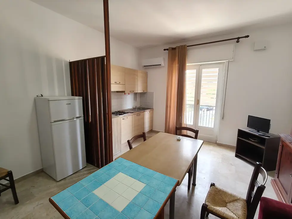 ampia cucina e sala da pranzo, con frigo, cucina tavolo sedie divano e tv
