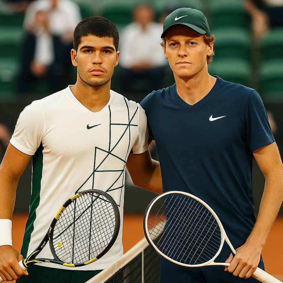 Carlitos Alcaraz y Jannik Sinner. Imagen creada con ChatGPT 4o, mayo 24, 2025.