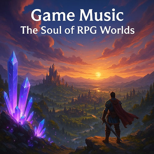 Epic 3D RPG landscape artwork with hero overlooking kingdom, representing the atmosphere created by game music