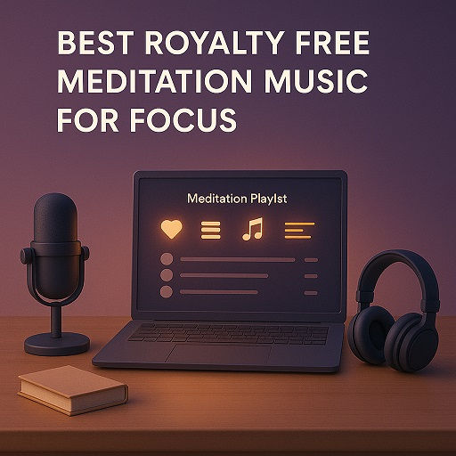 3D illustration of a digital studio setup with laptop, microphone, and headphones showing a meditation playlist – Best Royalty Free Meditation Music for Focus | Wisdom Rain Music