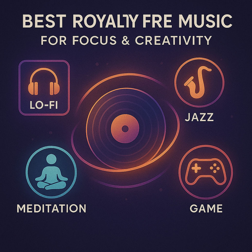 3D icons of Lo-Fi, Jazz, Meditation, and Game music orbiting a vinyl record"