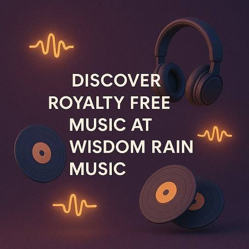Minimal 3D artwork with glowing text: Discover Royalty Free Music at Wisdom Rain Music, with headphones, vinyl records, and sound waves orbiting – Brand CTA Design