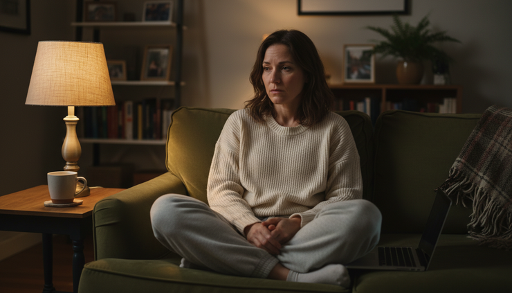 Eye-level view of a tired woman sitting on a couch at night with a closed laptop beside her