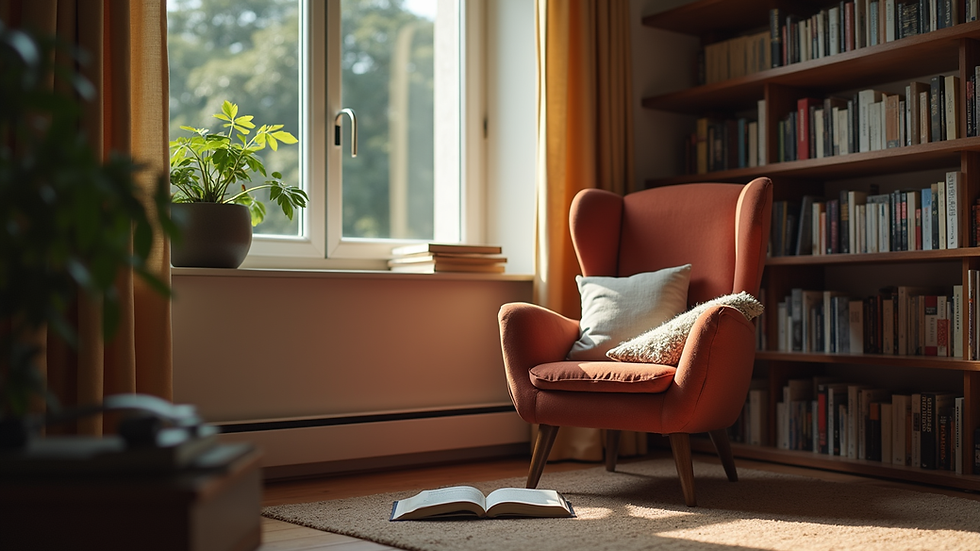 Eye-level view of a cozy reading nook with books and a comfortable chair